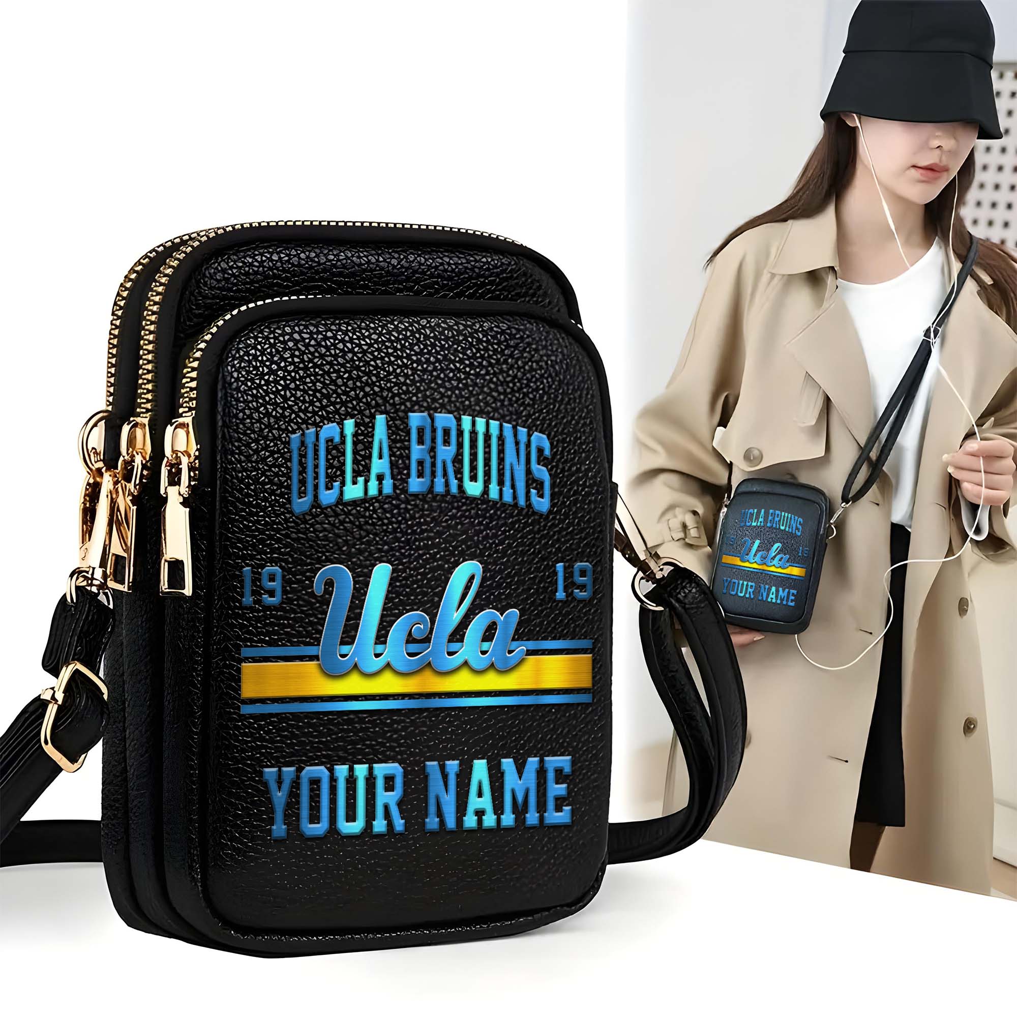 UCLA Bruins Customized Womens Mobile Phone Bag With Your Name, Leather Crossbody Bag, Fan Gifts