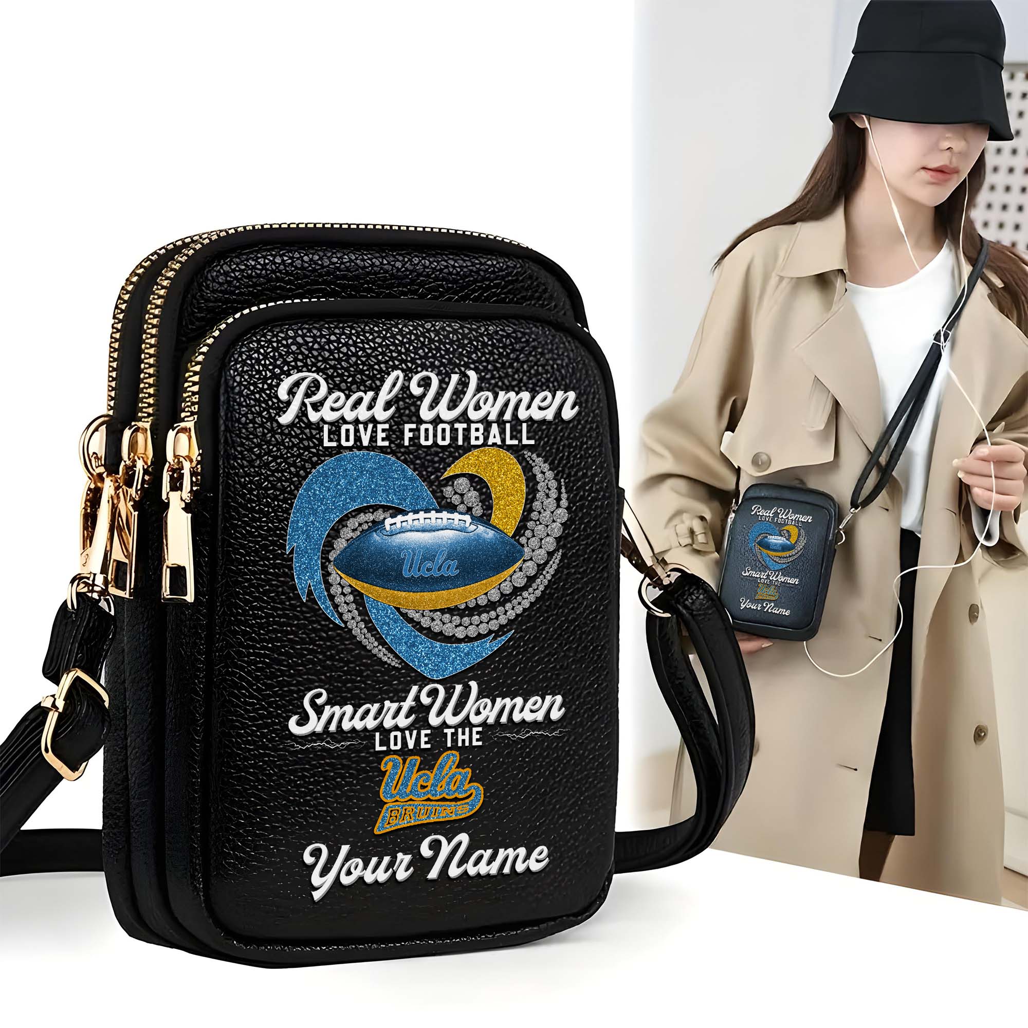 UCLA Bruins Customized Womens Mobile Phone Bag With Your Name, Leather Crossbody Bag, Fan Gifts