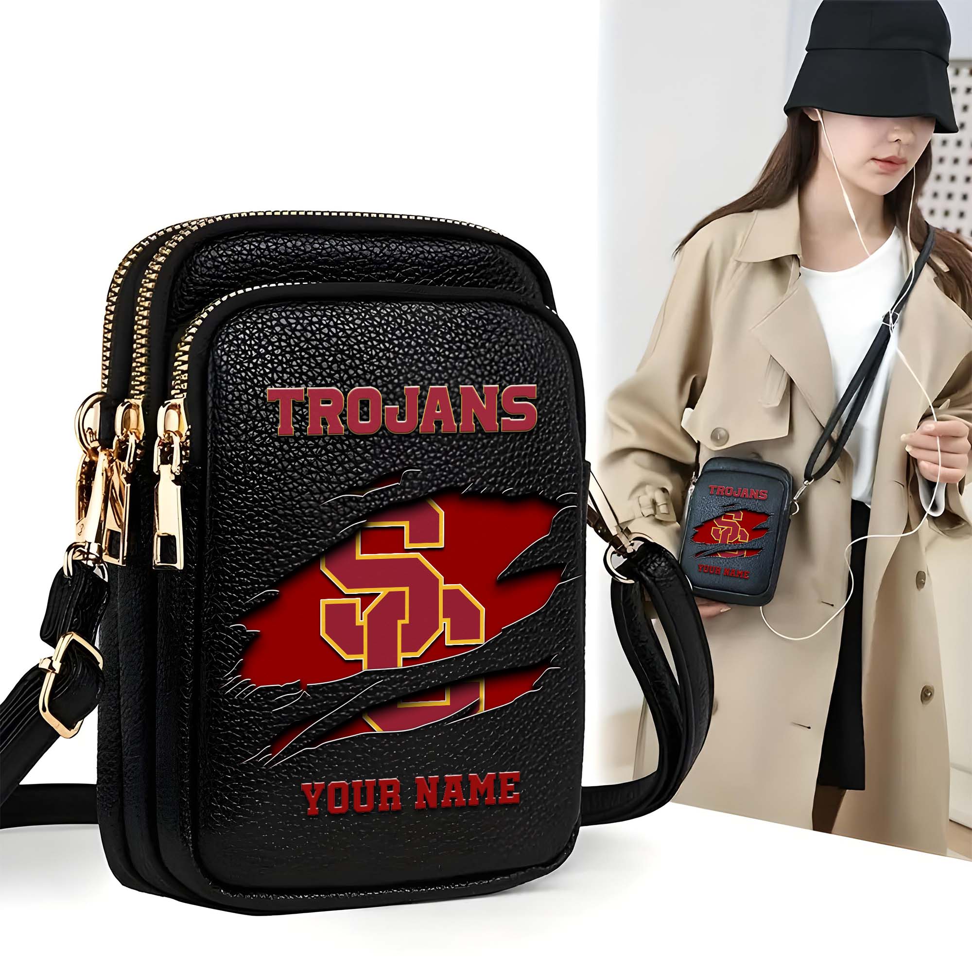 USC Trojans Customized Womens Mobile Phone Bag With Your Name, Leather Crossbody Bag, Fan Gifts