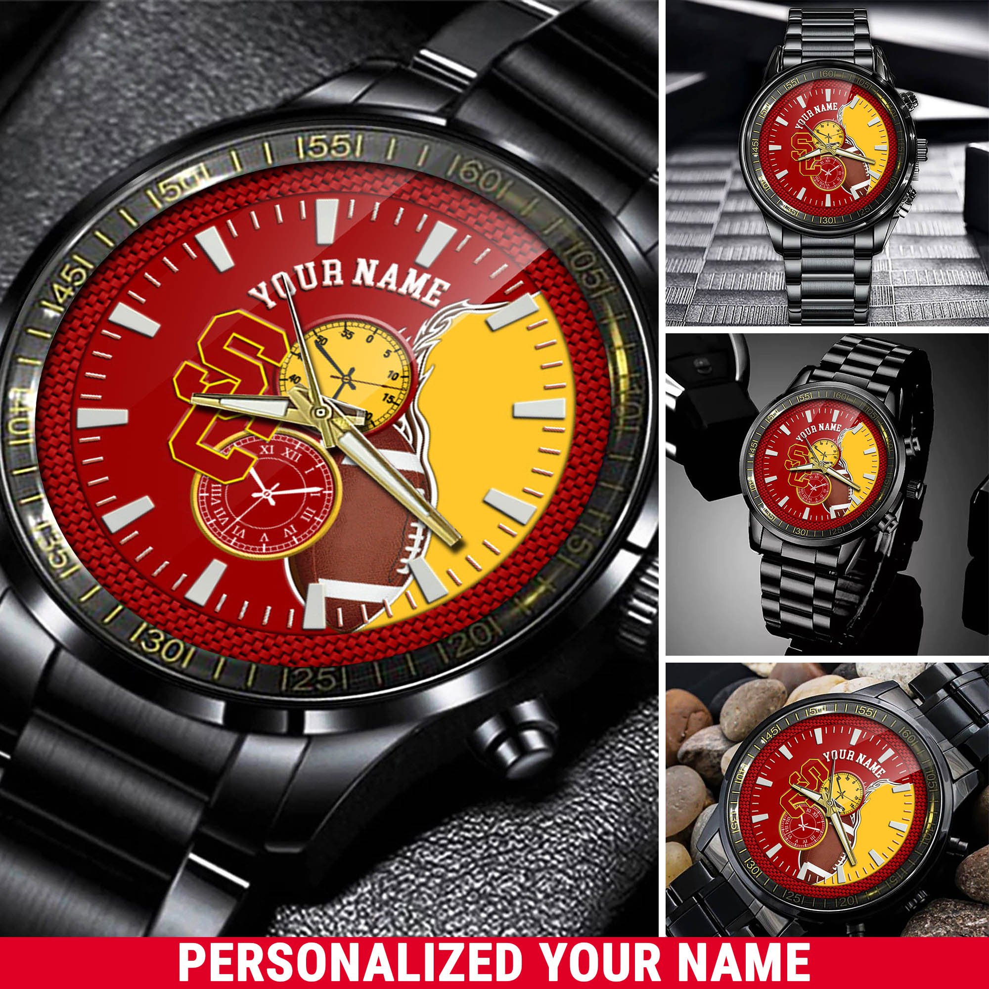 USC Trojans Football Team Black Fashion Watch 2025 Version Custom Your Name, Black Fashion Watch For Football Lovers 