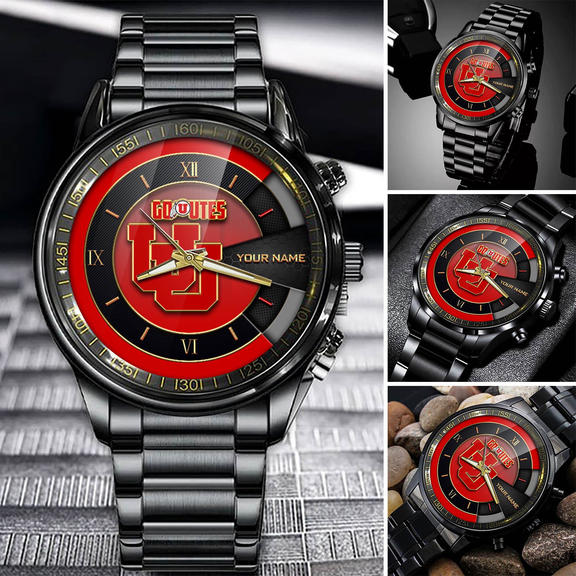 Utah Utes Team Black Fashion Watch 2025 Version Custom Your Name, Black Fashion Watch For Sport Fan 