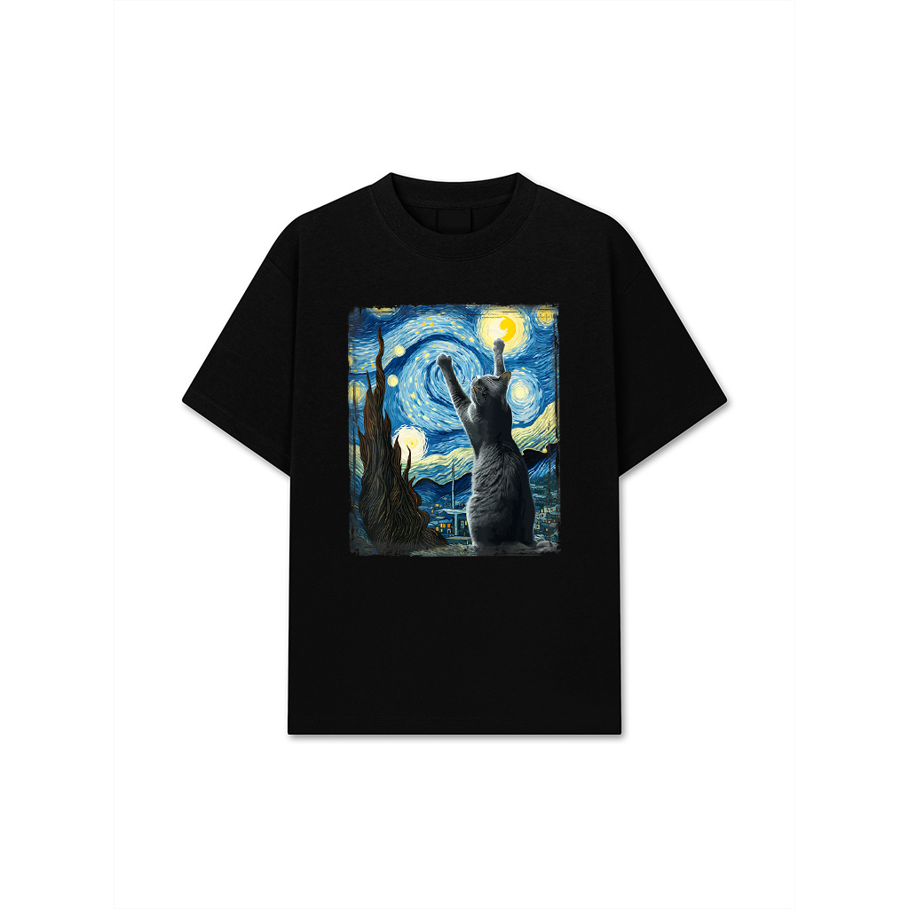 Van Gogh Starry Night Style Artistic Russian Blue Cat T-Shirt