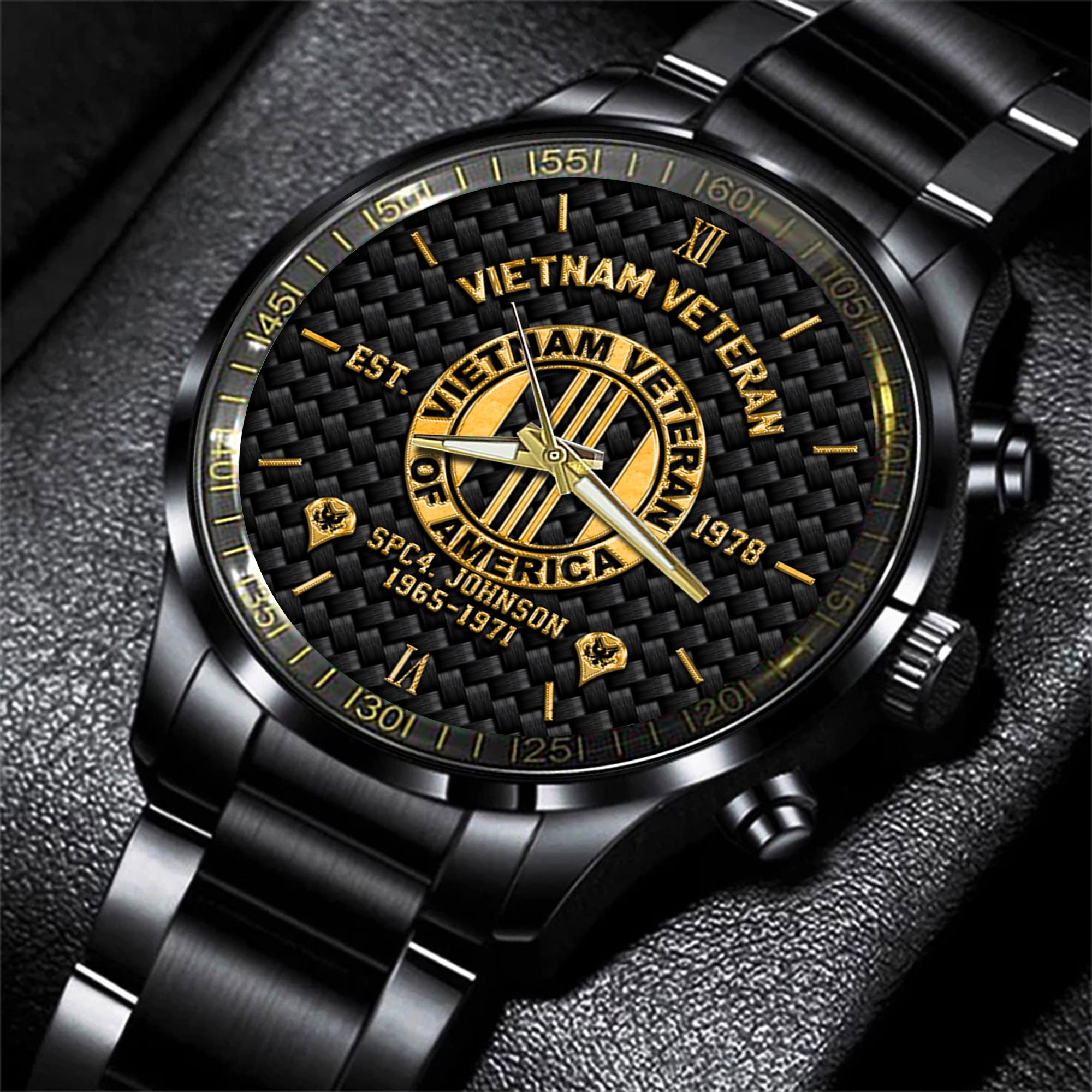 Vietnam Veteran Black Fashion Watch Custom Your Name, Year And Rank, US Mlitary Watch, Gift For Soldiers