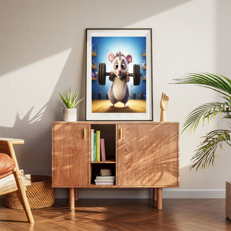 View Of Possum Cartoon Character With Weights Poster