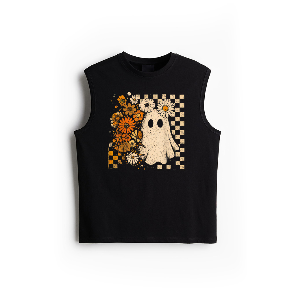 Vintage Floral Checkered Ghost Halloween Fall Autumn Tank Top