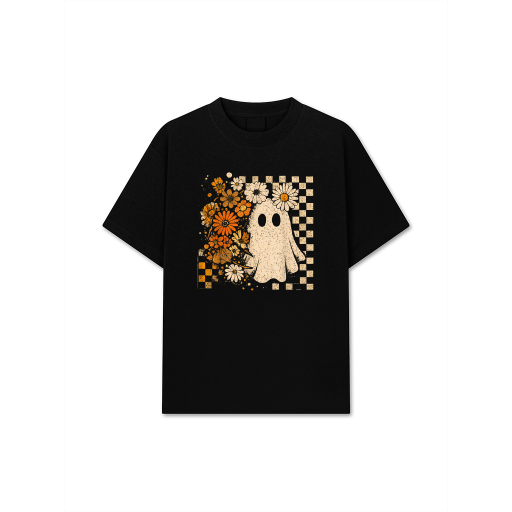 Vintage Floral Checkered Ghost Halloween Fall Autumn T-Shirt