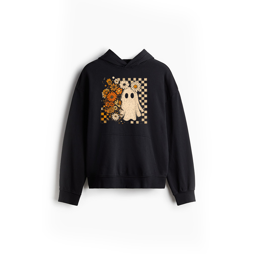 Vintage Floral Checkered Ghost Halloween Fall Autumn Hoodie