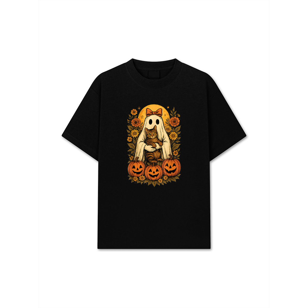 Vintage Ghost Holding Domestic Shorthair Cat With Pumpkins T-Shirt