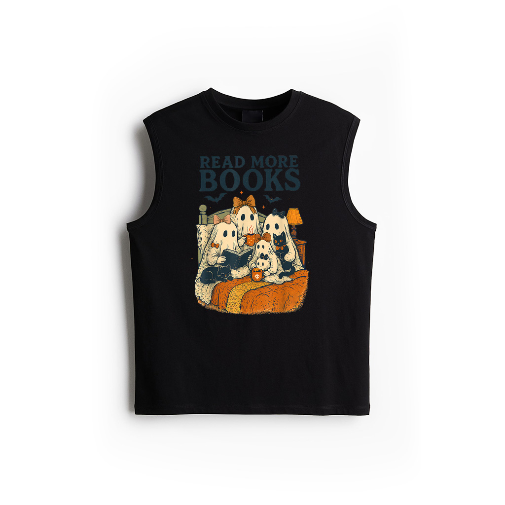 Vintage Ghost Reading Books Cat Black Coquette Bow Halloween Tank Top