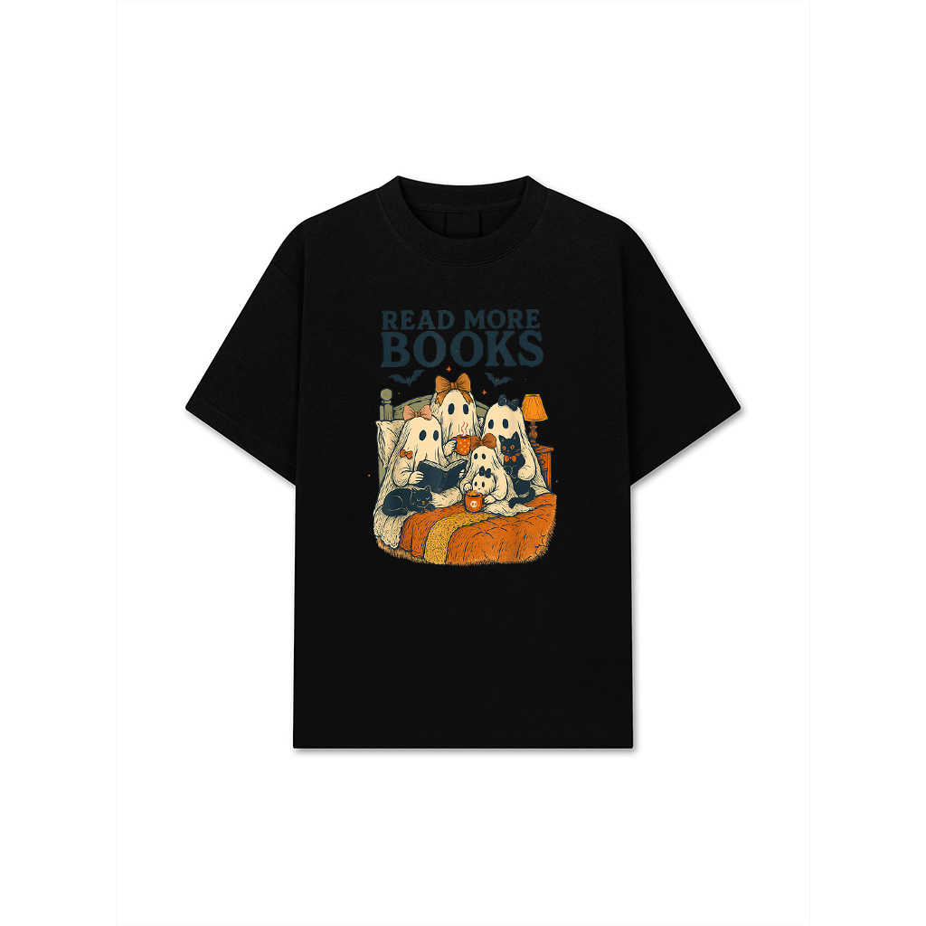Vintage Ghost Reading Books Cat Black Coquette Bow Halloween T-Shirt