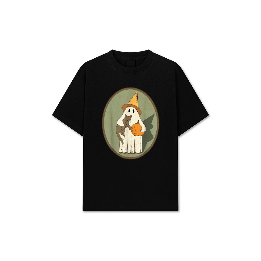 Vintage Ghost With Cat Halloween Graphic T-Shirt