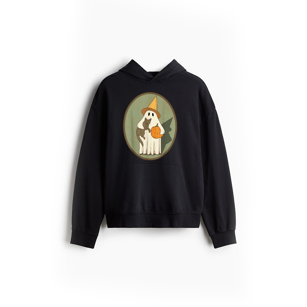 Vintage Ghost With Cat Halloween Graphic Hoodie