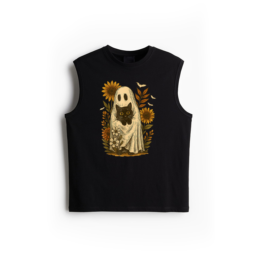 Vintage Halloween Ghost Holding Black Cat Groovy Flora Tank Top