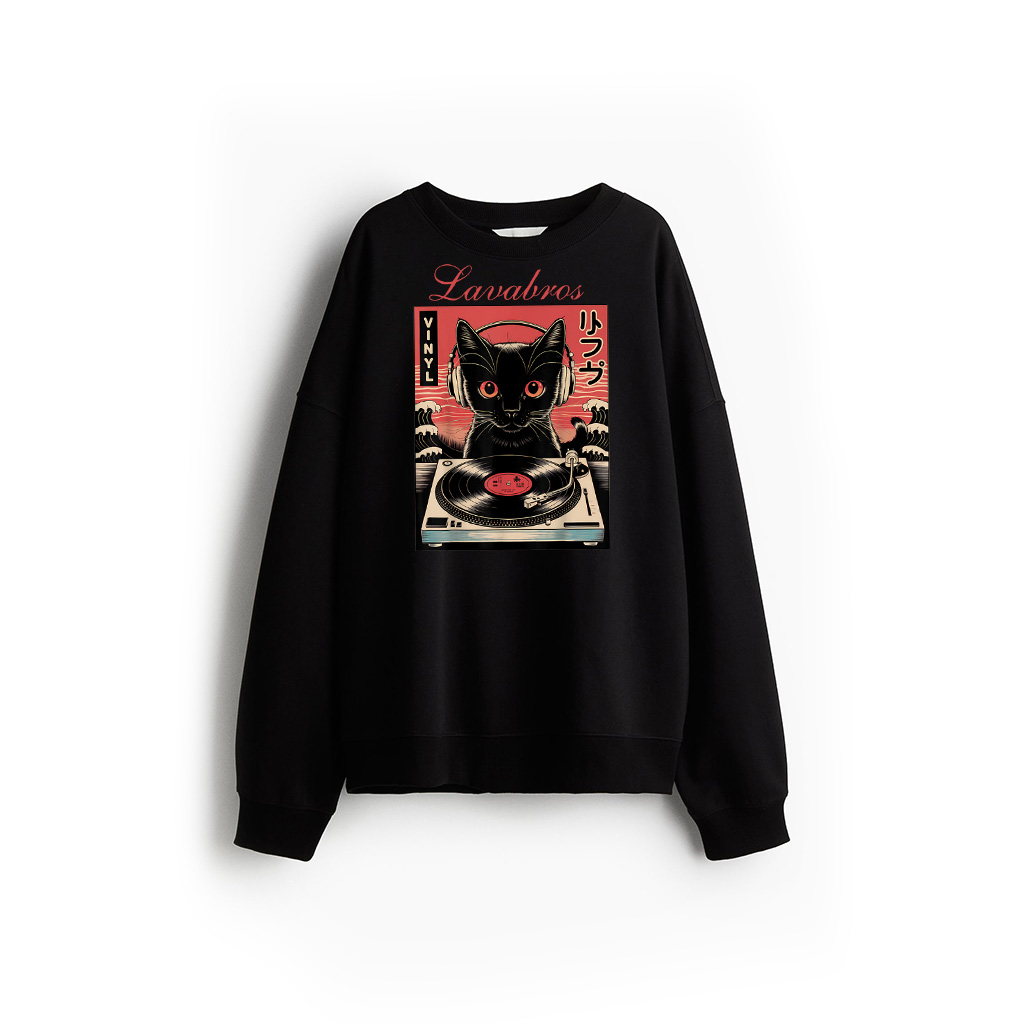 Vintage Japanese Cat With Headphones Spinning Vinyl Records Sweatshirt