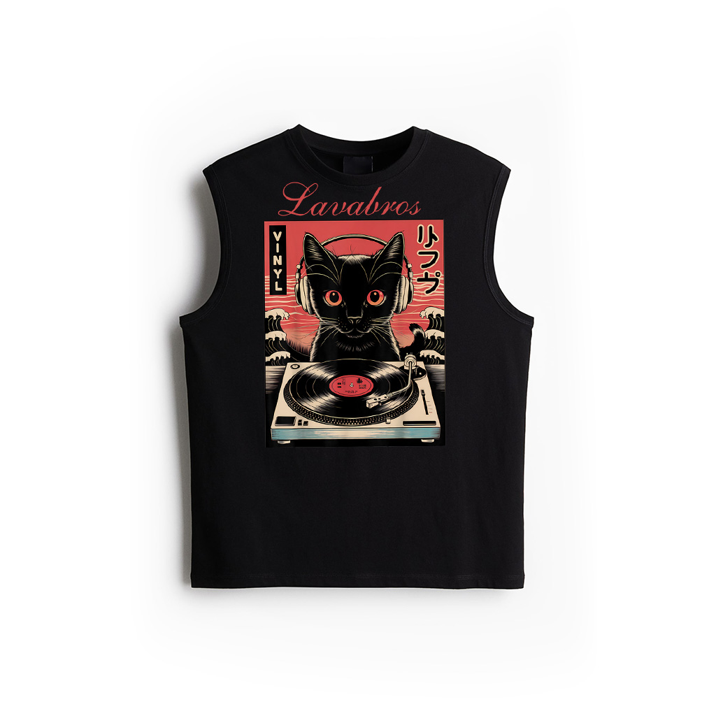 Vintage Japanese Cat With Headphones Spinning Vinyl Records Tank Top