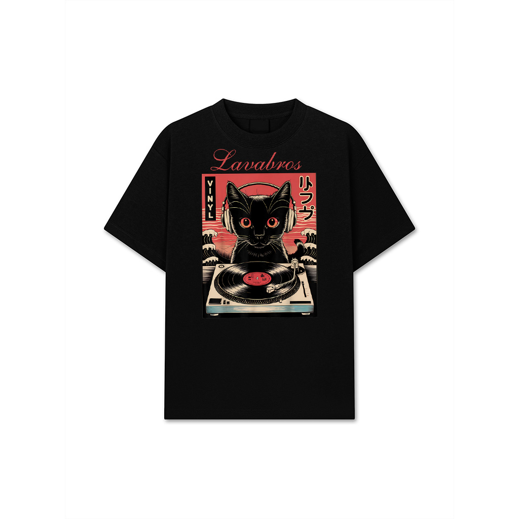 Vintage Japanese Cat With Headphones Spinning Vinyl Records T-Shirt