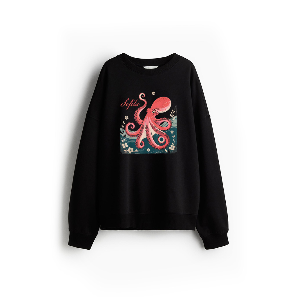 Vintage Japanese Octopus Cherry Blossom Retro Art Graphic Sweatshirt