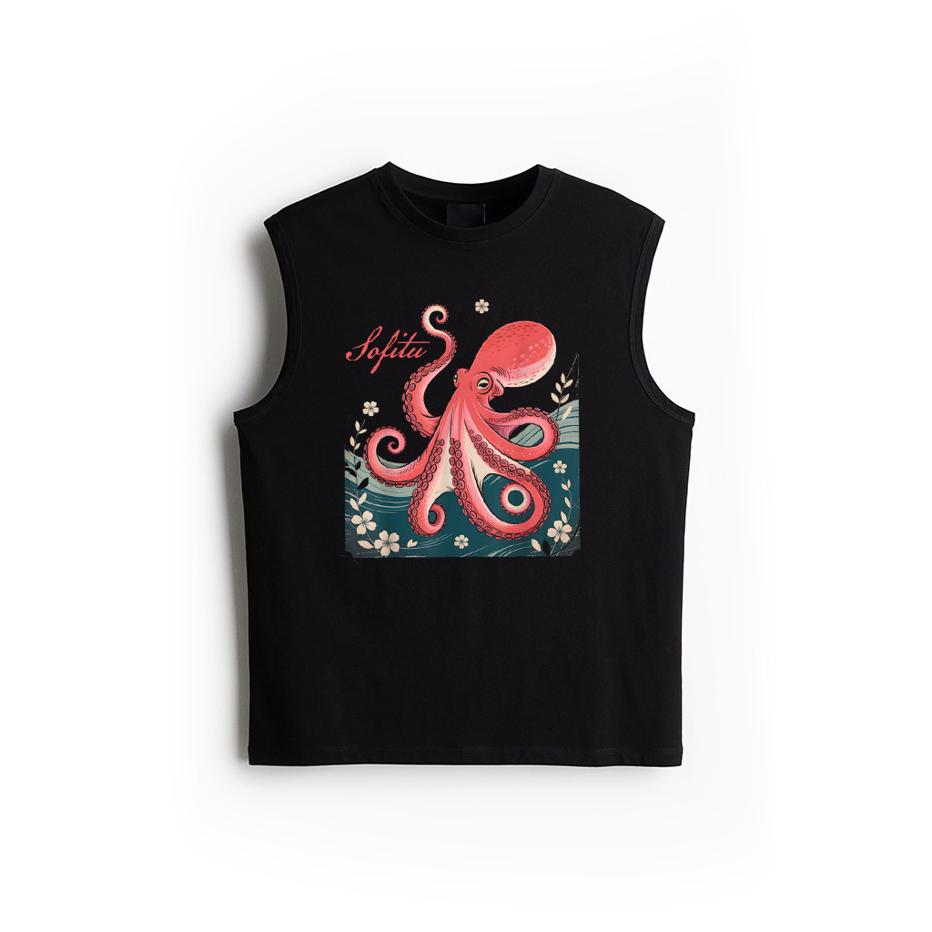 Vintage Japanese Octopus Cherry Blossom Retro Art Graphic Tank Top