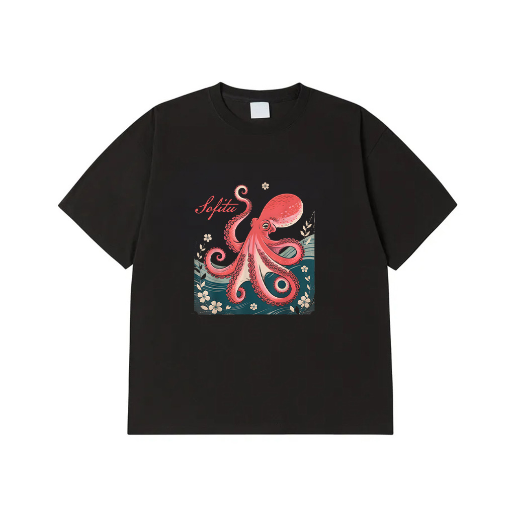 Vintage Japanese Octopus Cherry Blossom Retro Art Graphic T-Shirt