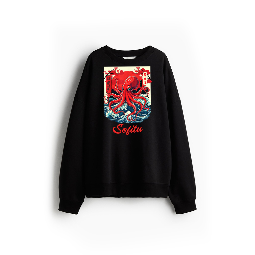 Vintage Japanese Octopus Shirt Woodblock Art Ocean Wave Sun Sweatshirt