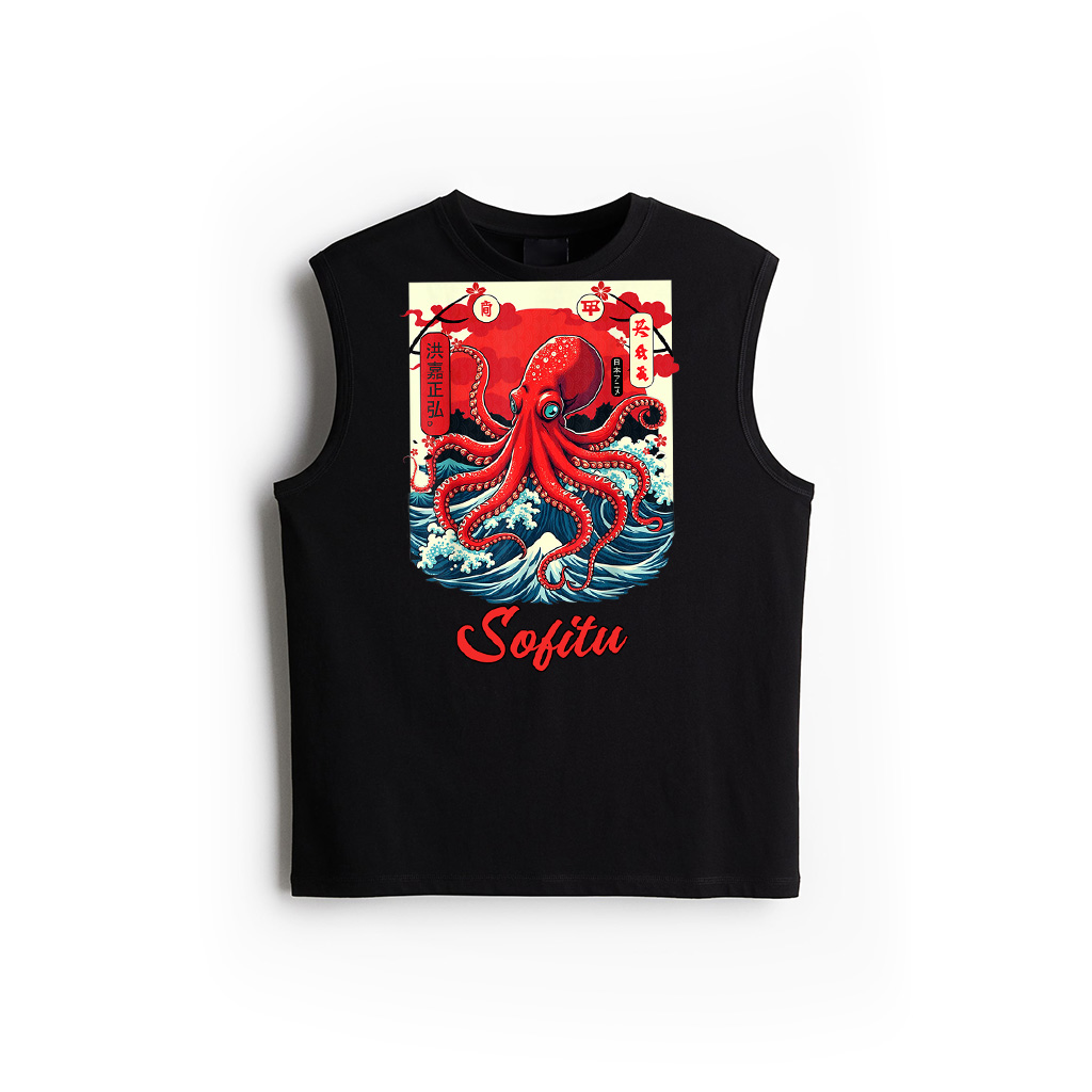Vintage Japanese Octopus Shirt Woodblock Art Ocean Wave Sun Tank Top