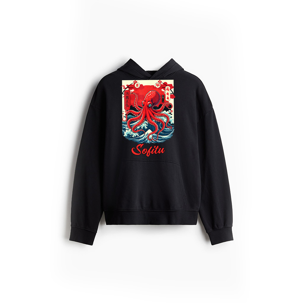 Vintage Japanese Octopus Shirt Woodblock Art Ocean Wave Sun Hoodie