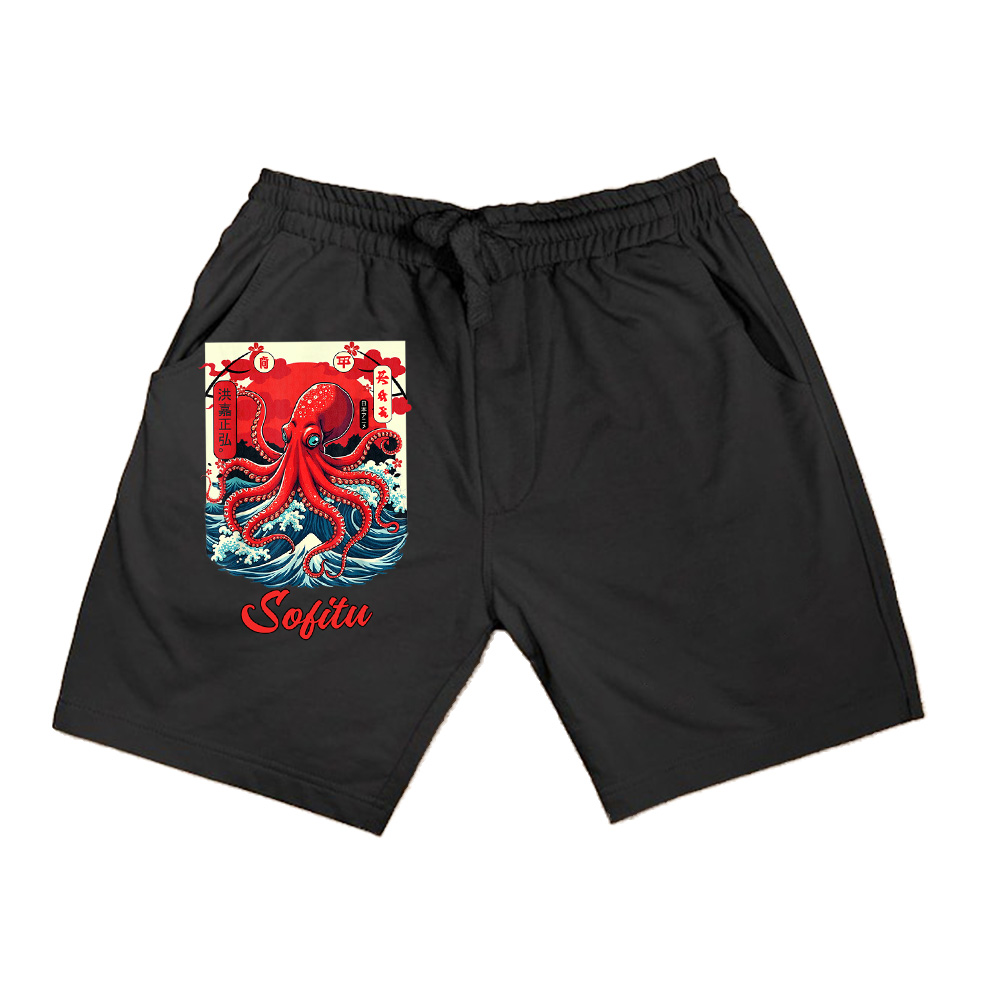 Vintage Japanese Octopus Shirt Woodblock Art Ocean Wave Sun Shorts