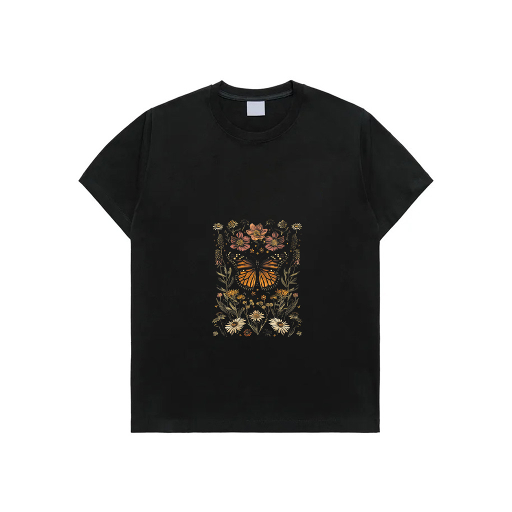 Vintage Monarch Butterfly Floral Aster Flower Girl Plant T-Shirt