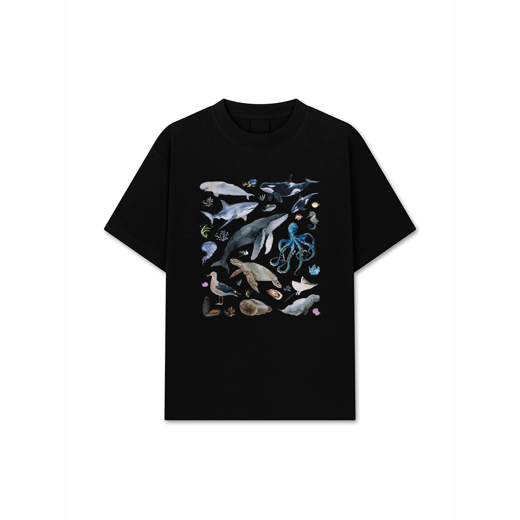 Vintage Ocean Animal Wildlife Shark Turtle Octopus Fish T-Shirt