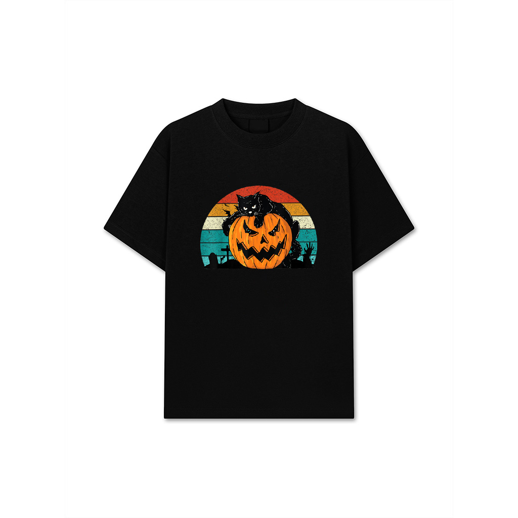 Vintage Scary Halloween Black Cat Costume Retro Moon Cat T-Shirt