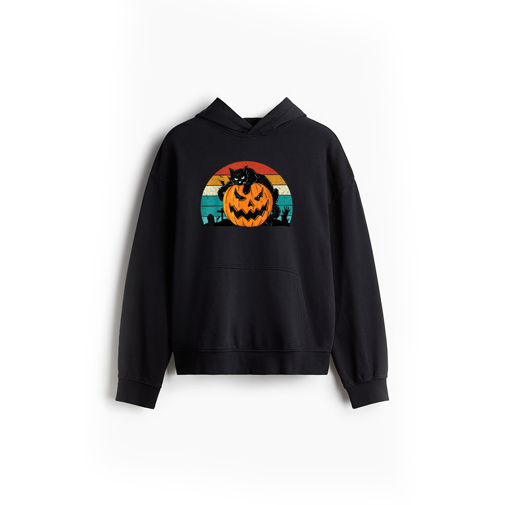 Vintage Scary Halloween Black Cat Costume Retro Moon Cat Hoodie