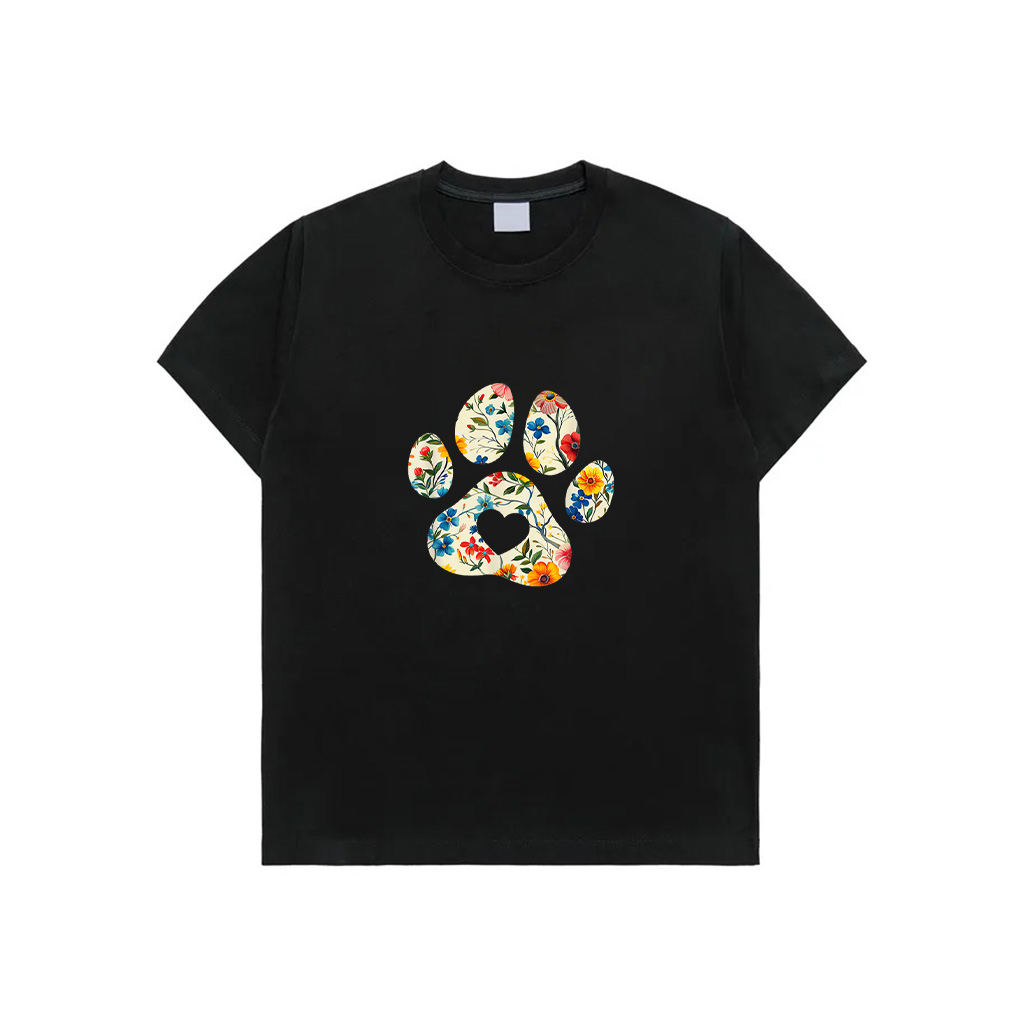 Vintage Silhouette Flowers Floral Paw Print Heart T-Shirt