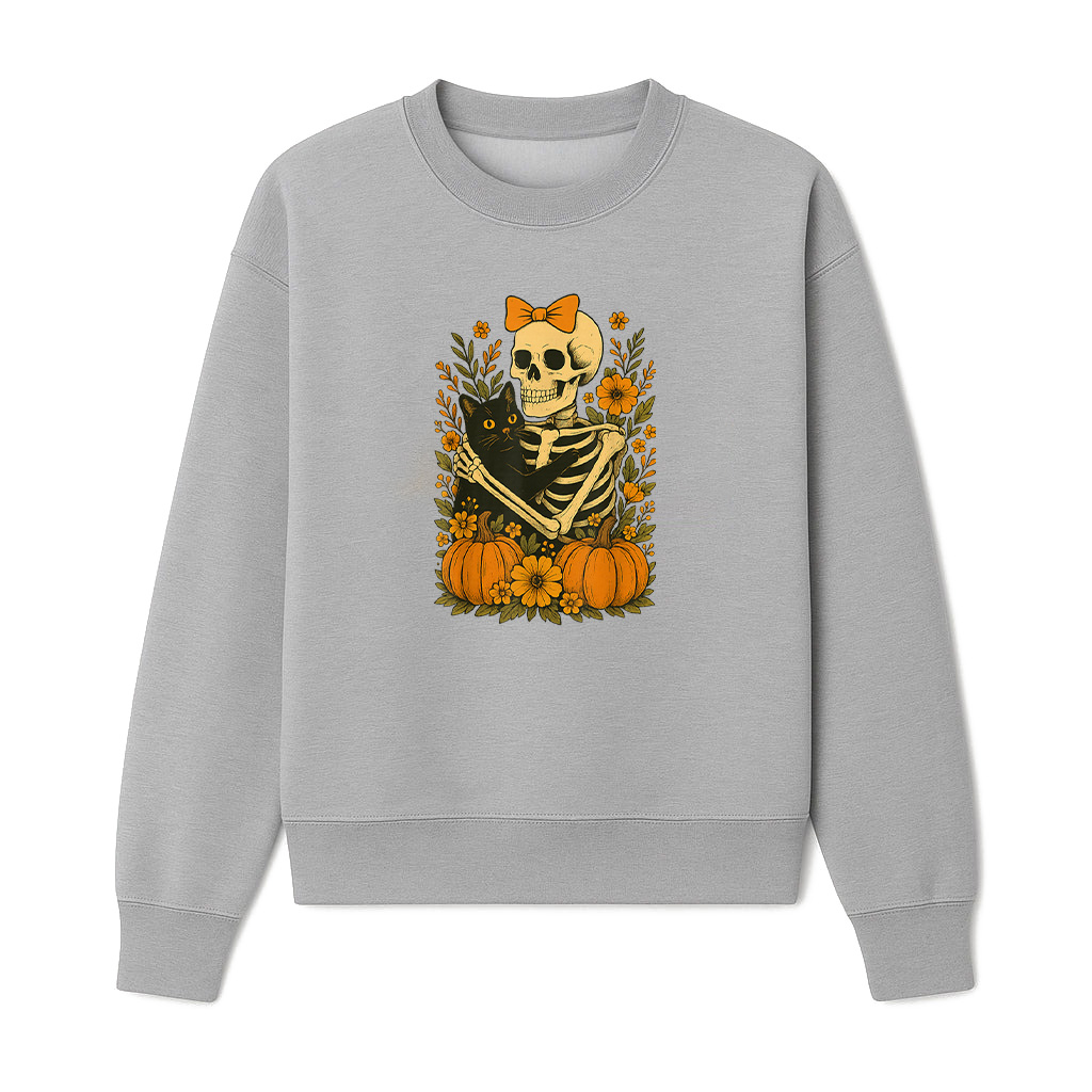 Vintage Skeleton Hugging Cat Groovy Floral Pumpkin Halloween Sweatshirts 06-10-2025