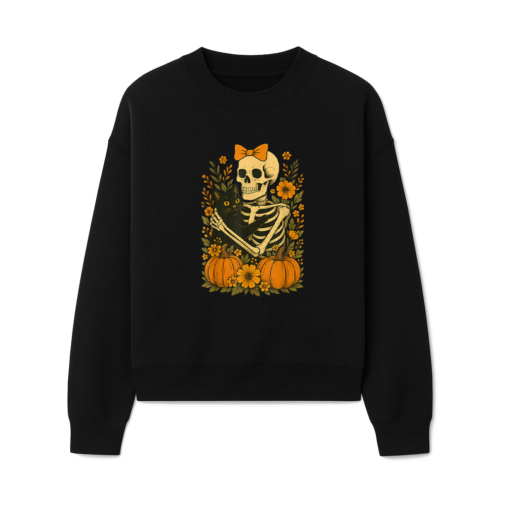 Vintage Skeleton Hugging Cat Groovy Floral Pumpkin Halloween Sweatshirts 06-10-2025