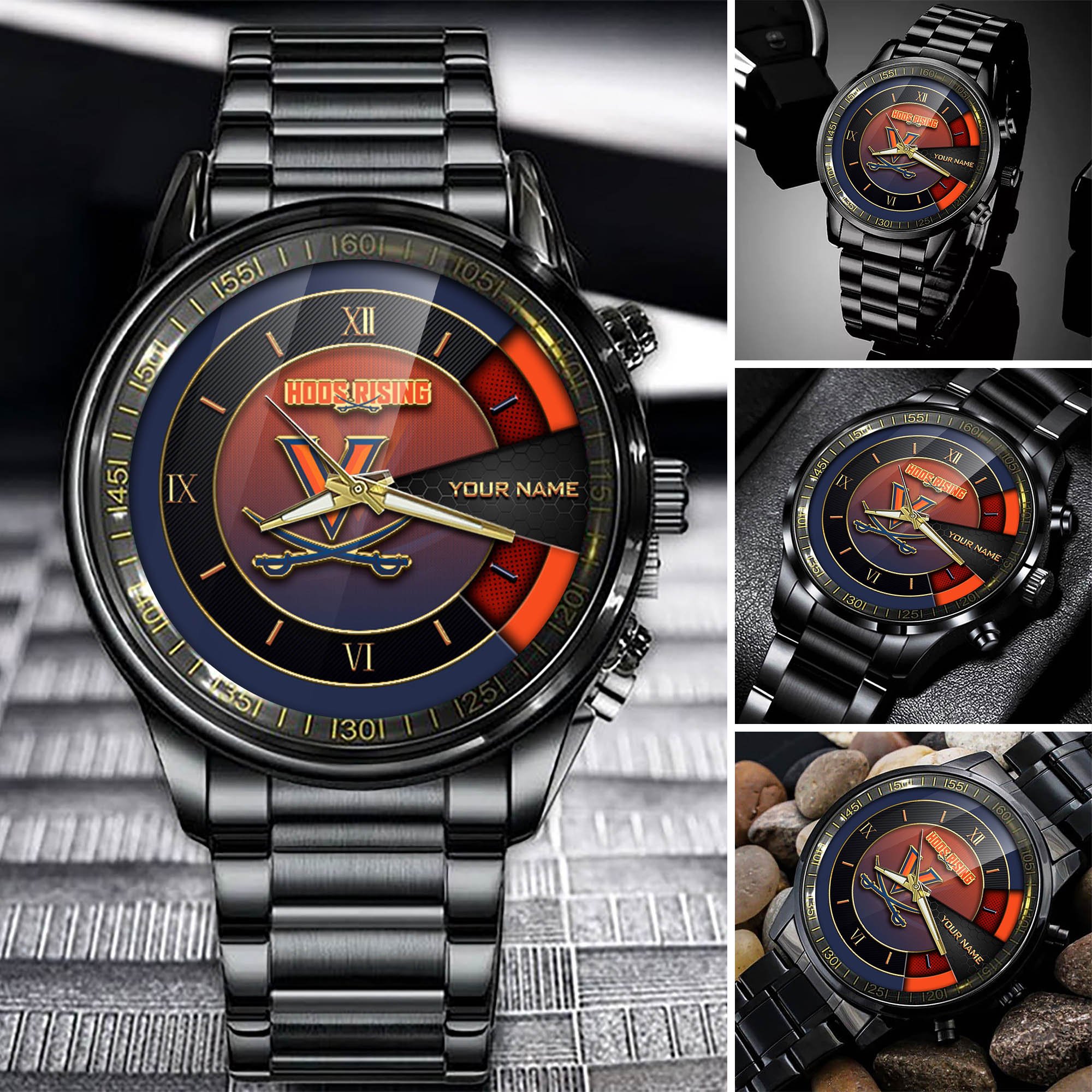 Virginia Cavaliers Team Black Fashion Watch 2025 Version Custom Your Name, Black Fashion Watch For Sport Fan 