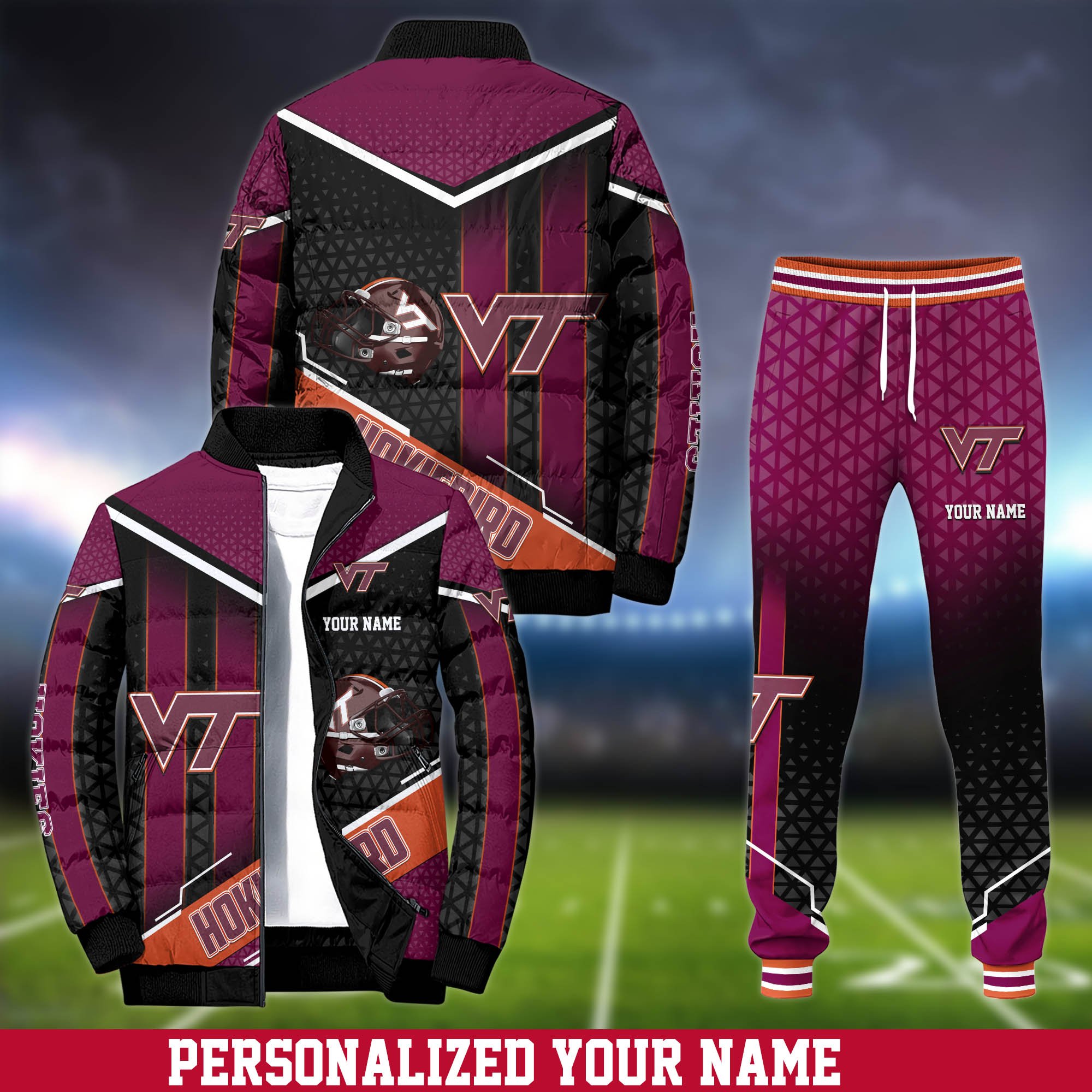 Virginia Tech Hokies Puffer Jacket And Sweatpants 2025 Version Personalized Your Name, Puffer Jacket For Sport Fans, Sport Sweatpants, Gifts For