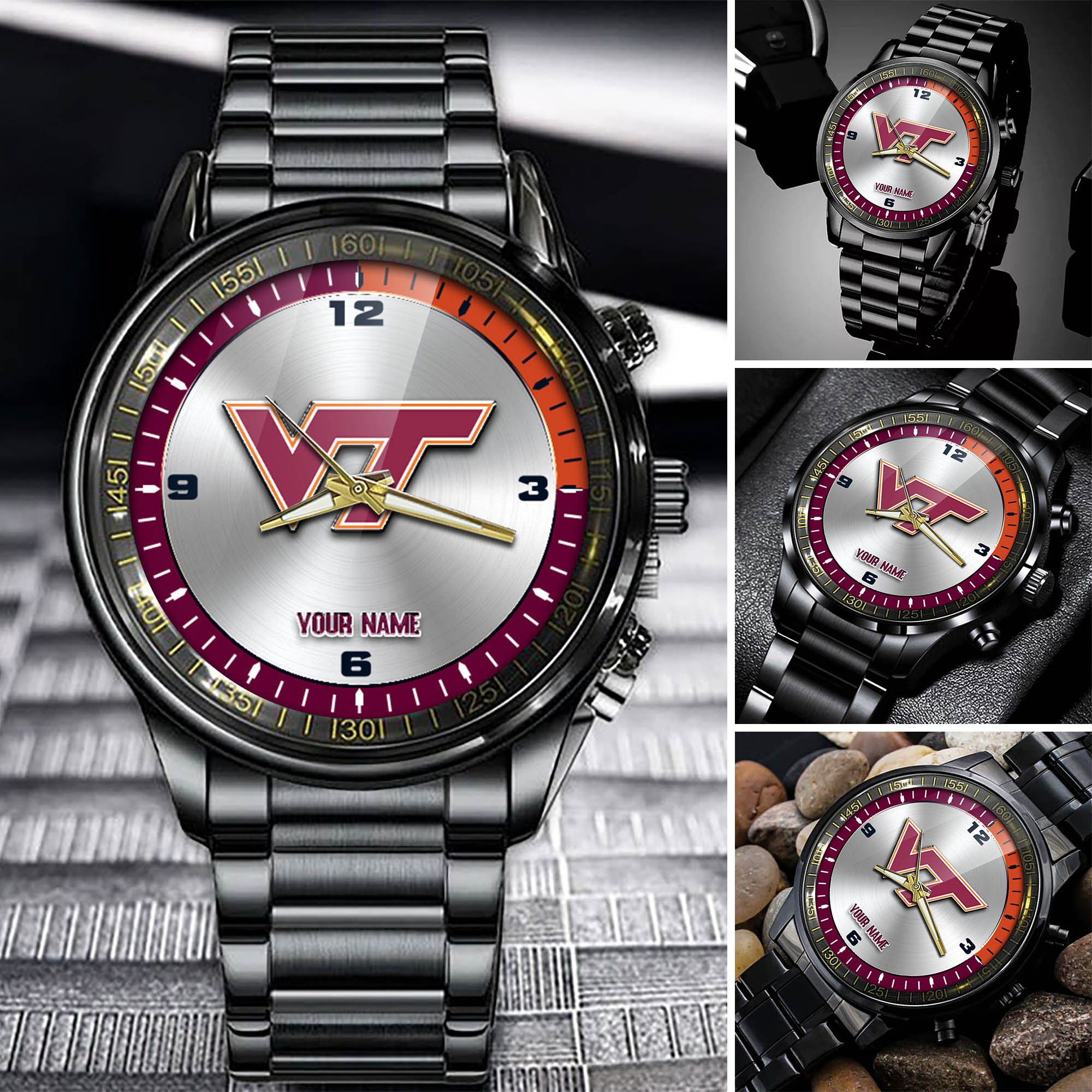 Virginia Tech Hokies Team Black Fashion Watch 2025 Version Personalized Your Name, Watch For Fan , Football League Gifts 