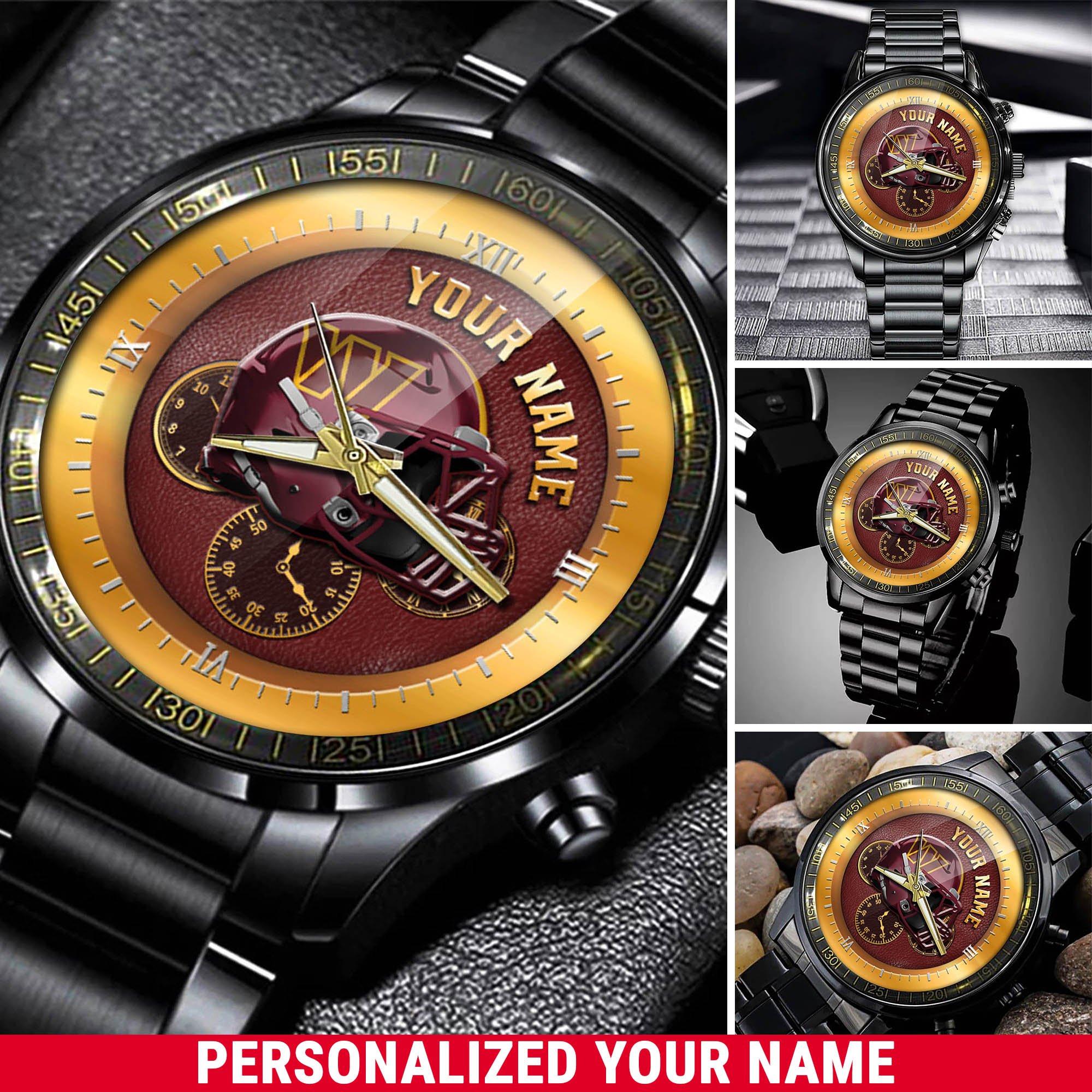 Washington Commanders Black Fashion Watch 2025 Version Personalized Your Name, Football Team Black Fashion Watch 