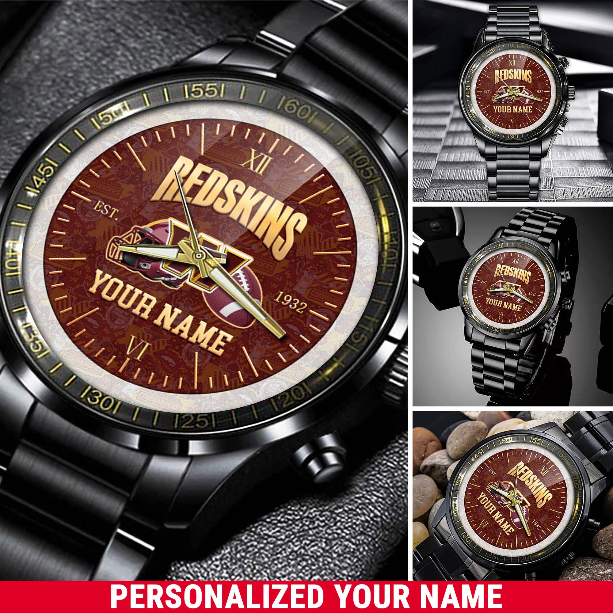 Washington Commanders Black Fashion Watch 2025 Version Personalized Your Name, Sport Team Black Fashion Watch, Gift For Him 