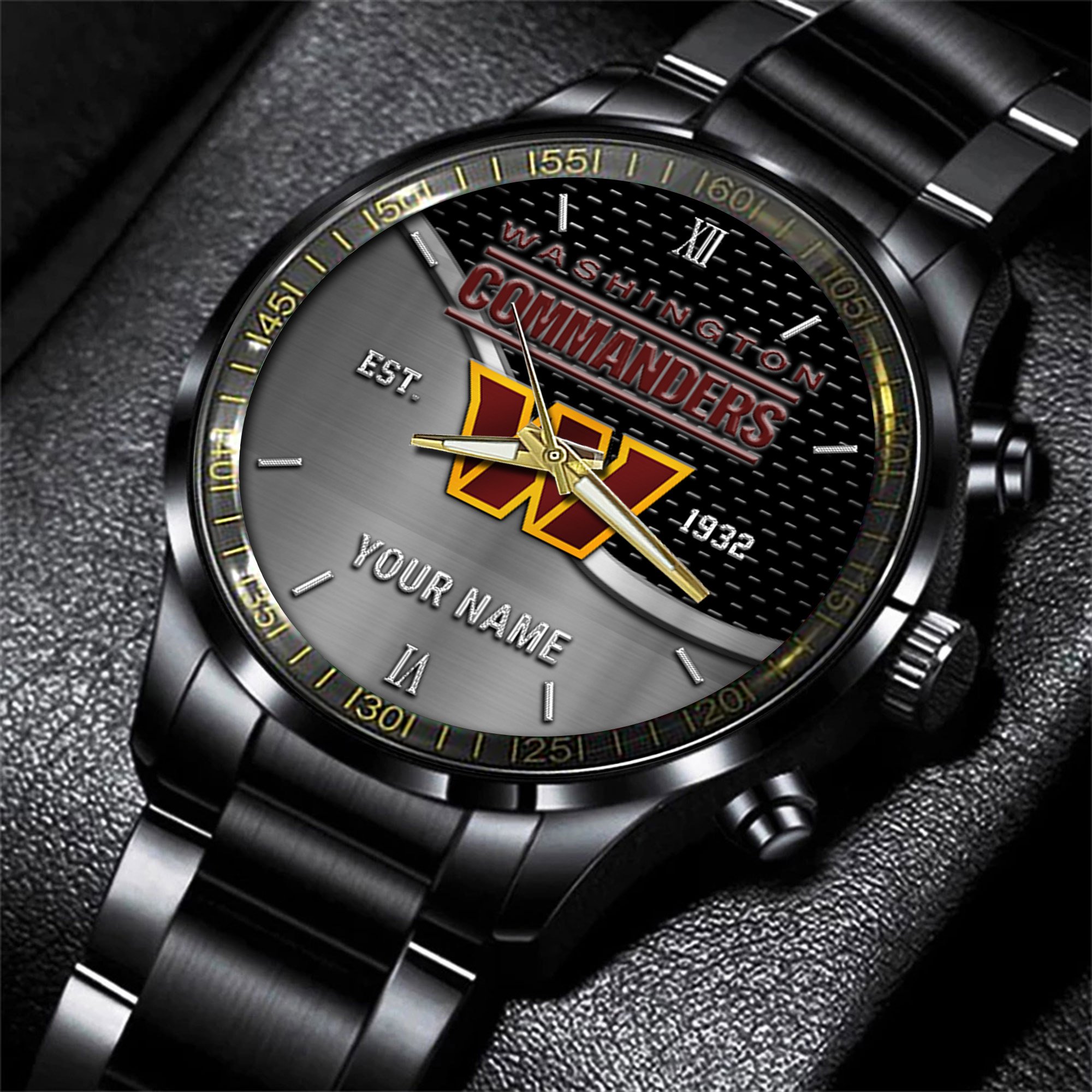 Washington Commanders Black Fashion Watch Custom Your Name, Football Watch, Gifts For Football Lovers 