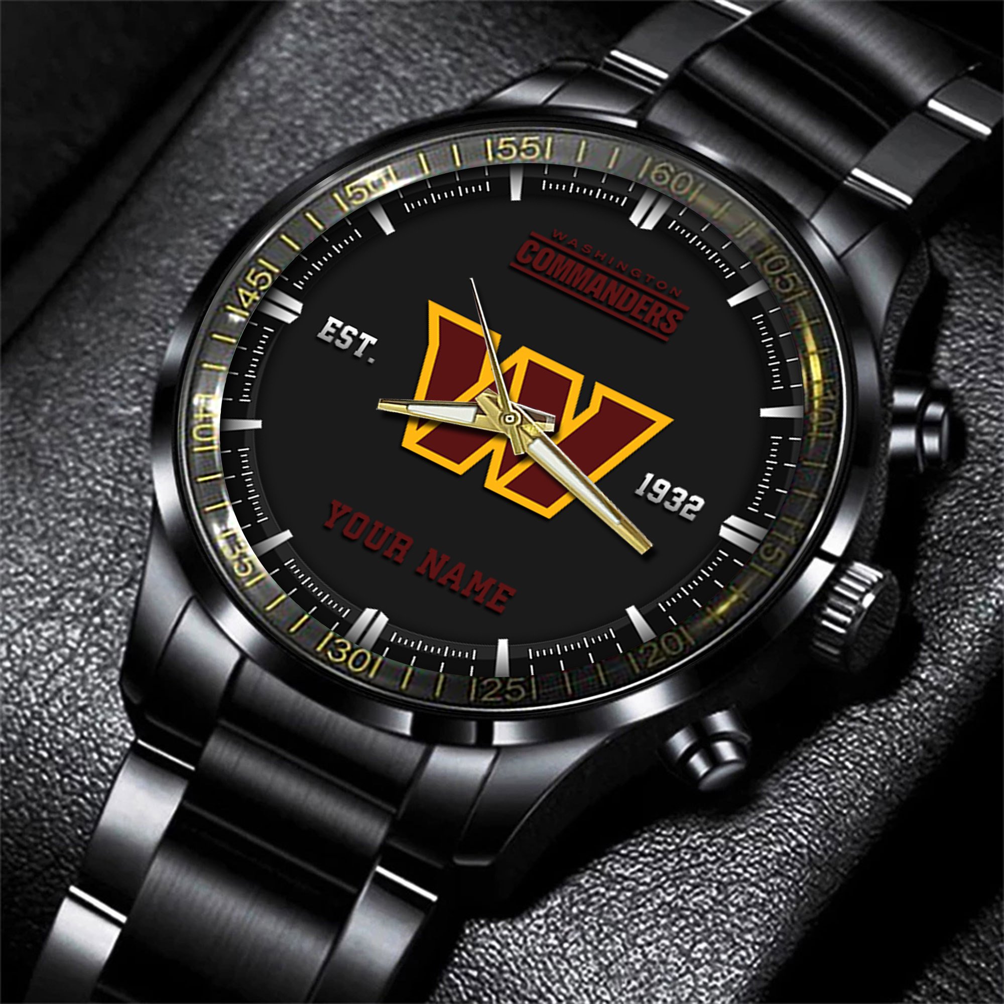 Washington Commanders Black Fashion Watch Custom Your Name, Sport Black Fashion Watch 