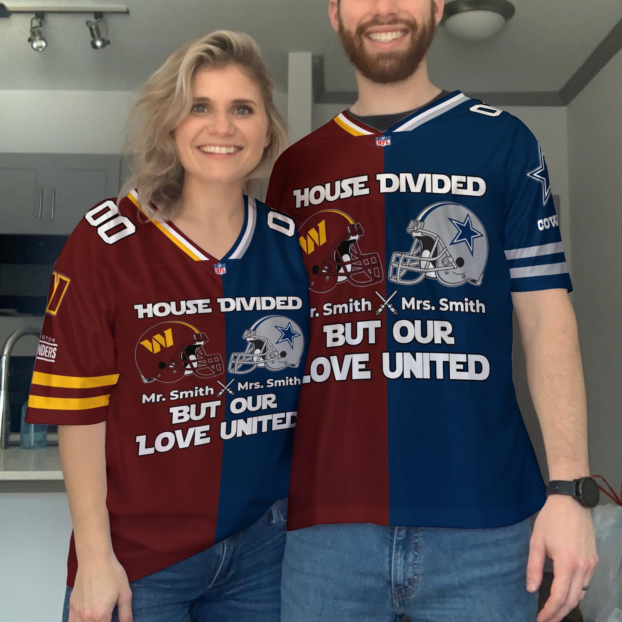Washington Commanders Football Jersey Custom Husband, Wife Name And Number, House Divided Jersey For Fan