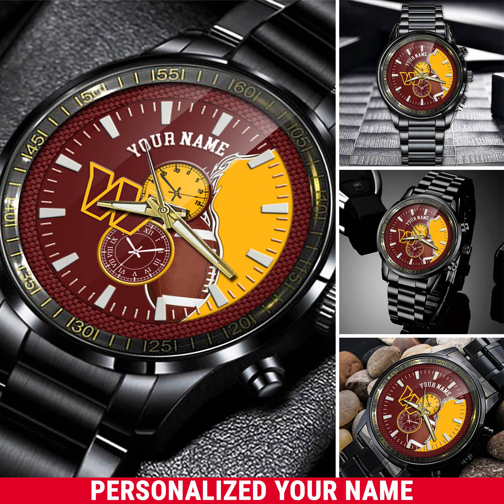 Washington Commanders Football Team Black Fashion Watch 2025 Version Custom Your Name, Black Fashion Watch For Football Lovers 