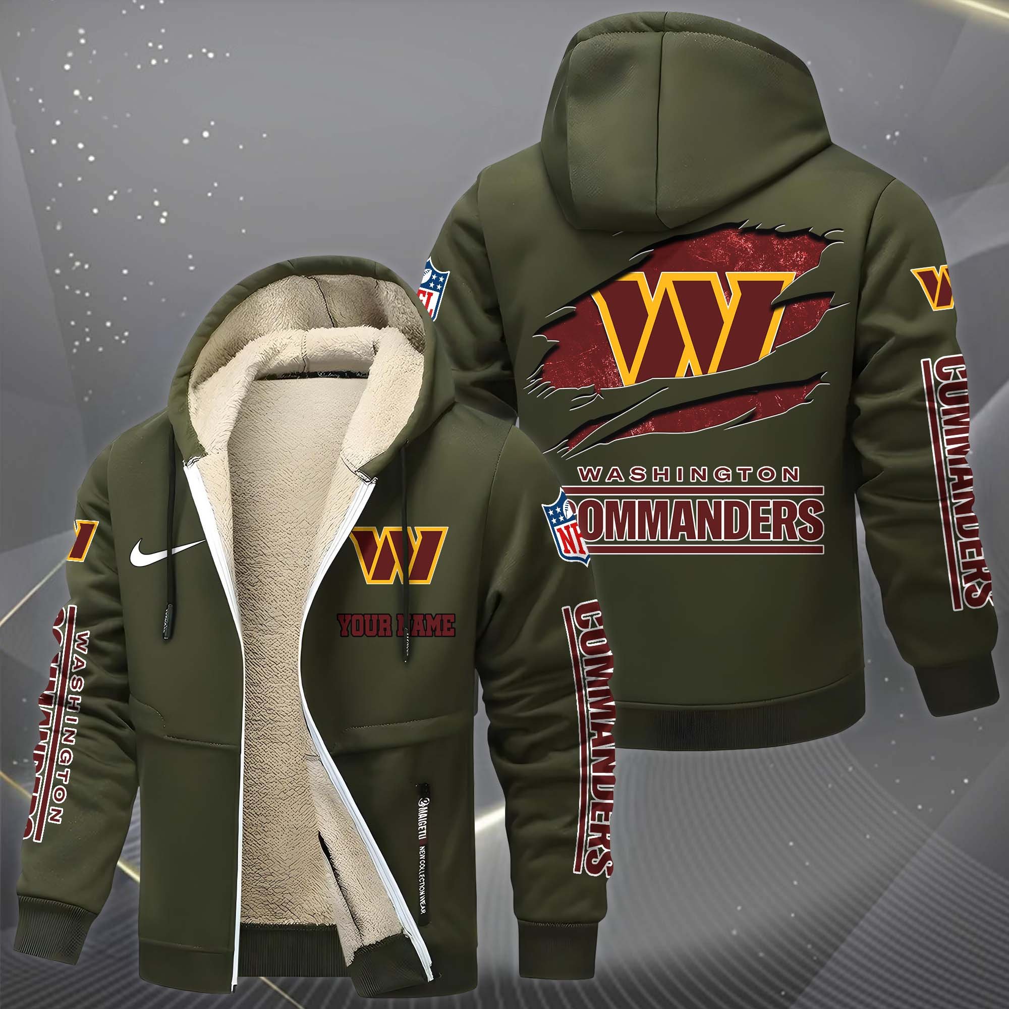 Washington Commanders Hoodie Zip Velvet Coat Custom Your Name, Sport Jacket, Gifts For Fan