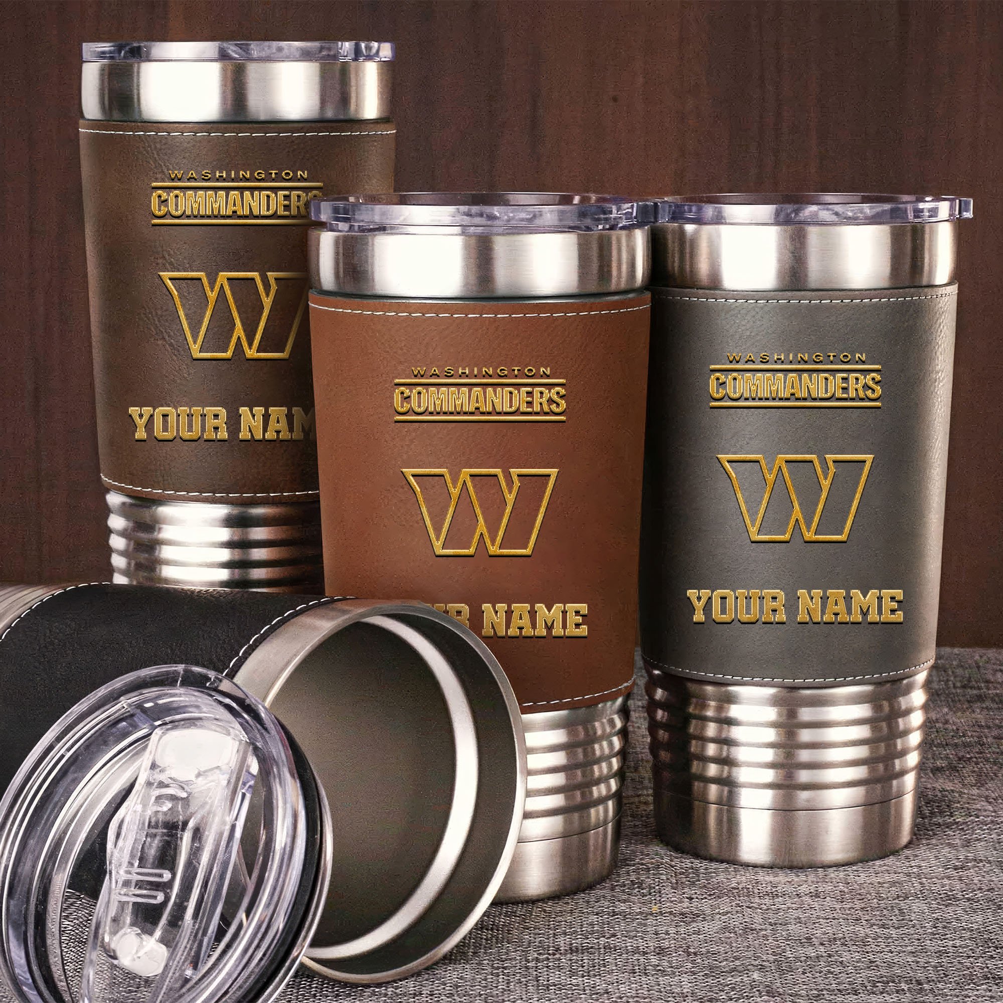 Washington Commanders Leather Tumbler Custom Your Name, Sport Gift For Fans, Fathers Day Gifts 
