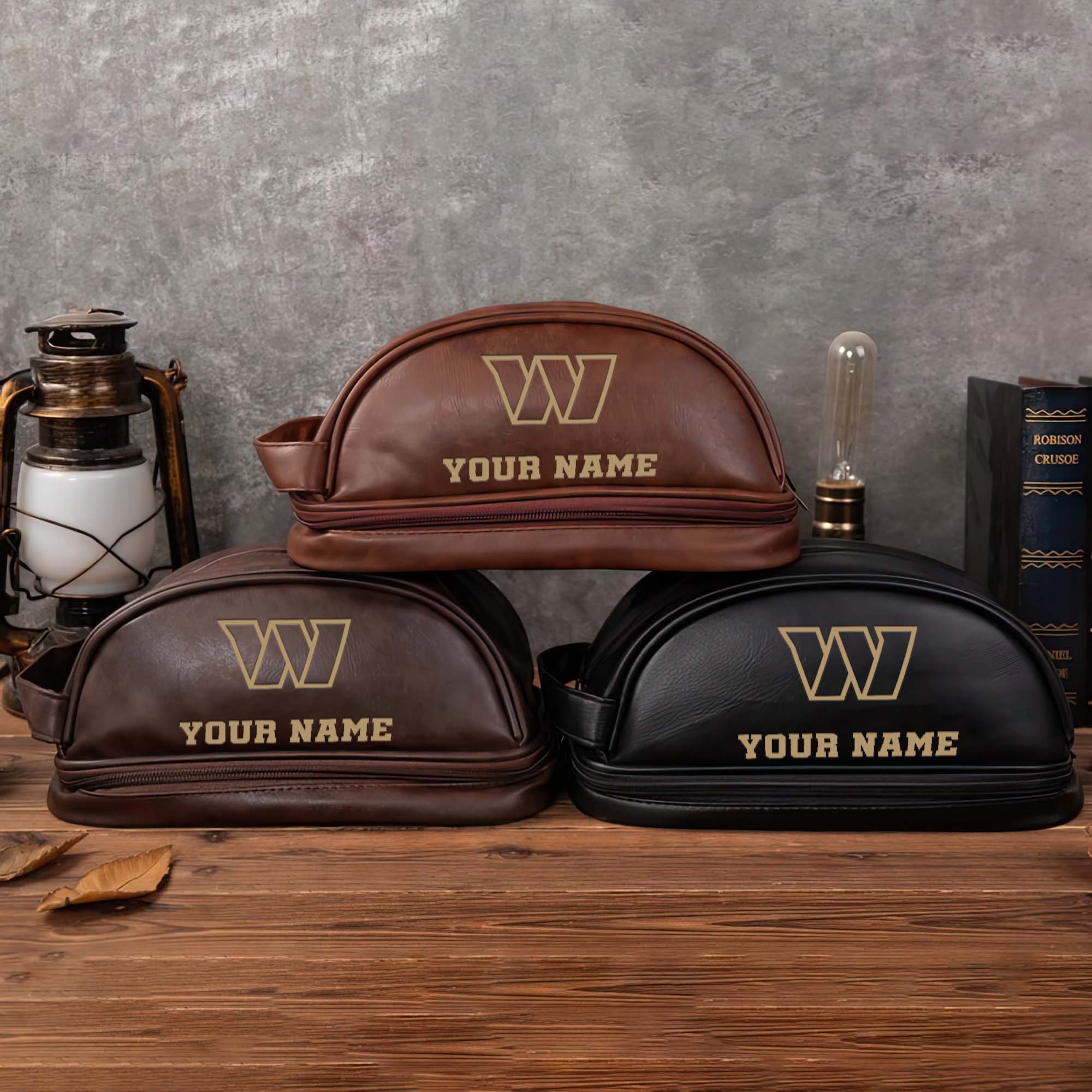 Washington Commanders Mens Leather Toiletry Bag, Engraved Leather Dopp Kit Bag, Football Fan Gifts