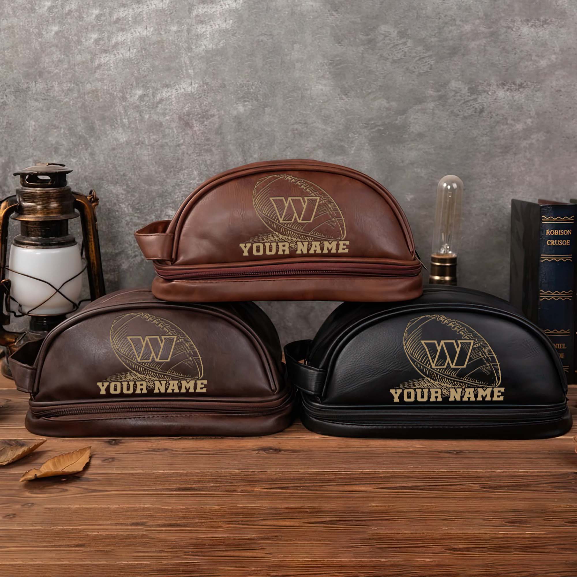 Washington Commanders Mens Leather Toiletry Bag, Engraved Leather Dopp Kit Bag, Football Fan Gifts