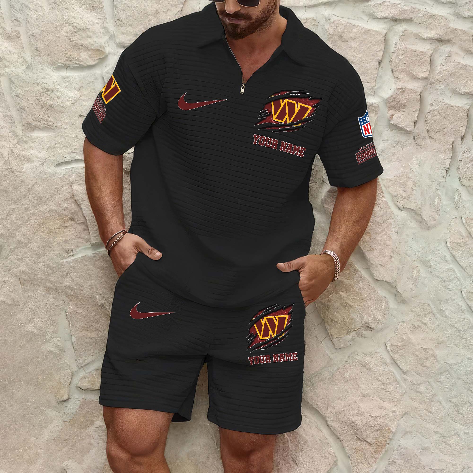 Washington Commanders Mens Waffle Pattern Half Zipper Shirt And Short Custom Your Name 2025 Versions, Gifts For Football Lovers