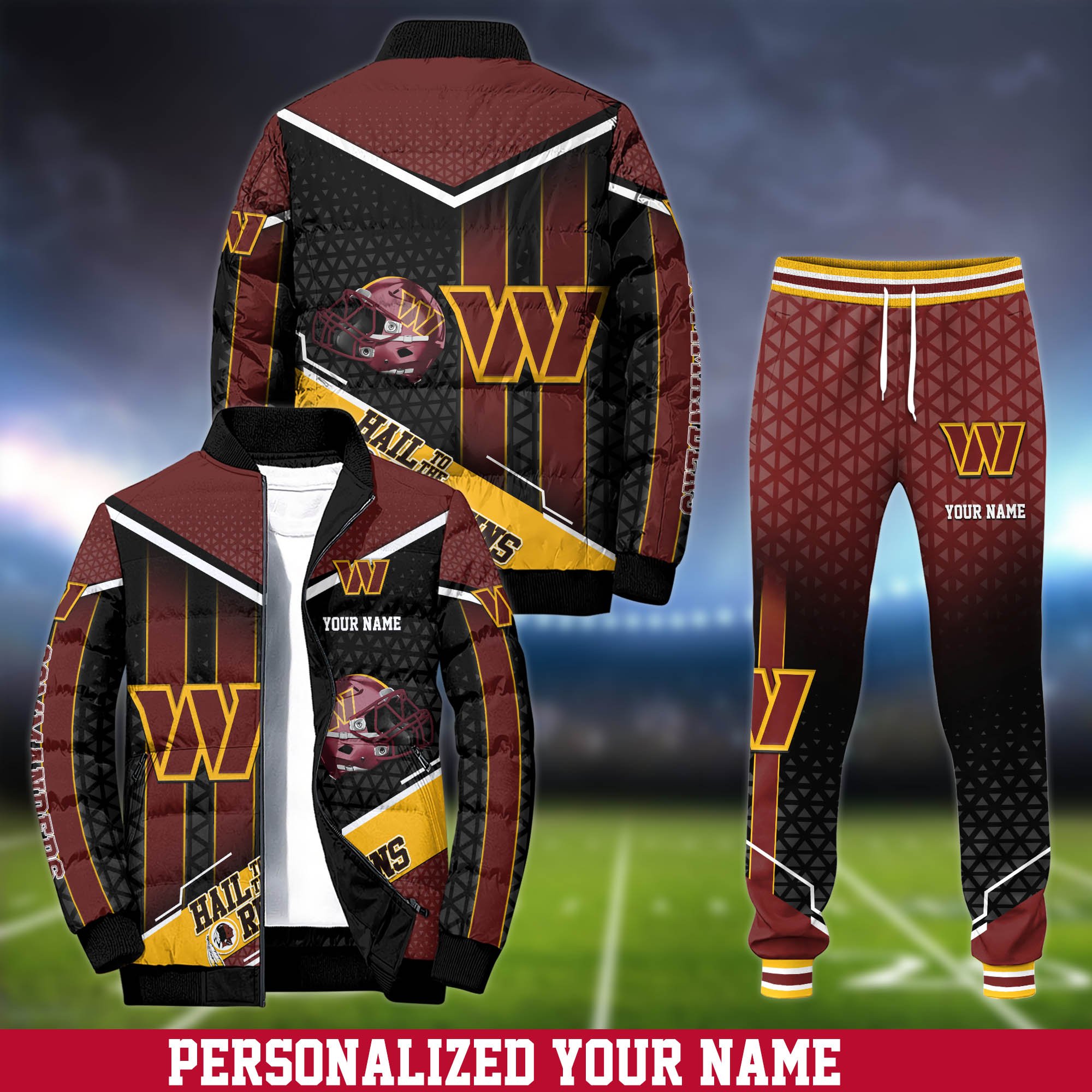 Washington Commanders Puffer Jacket And Sweatpants 2025 Version Personalized Your Name, Puffer Jacket For Sport Fans, Sport Sweatpants, Gifts For