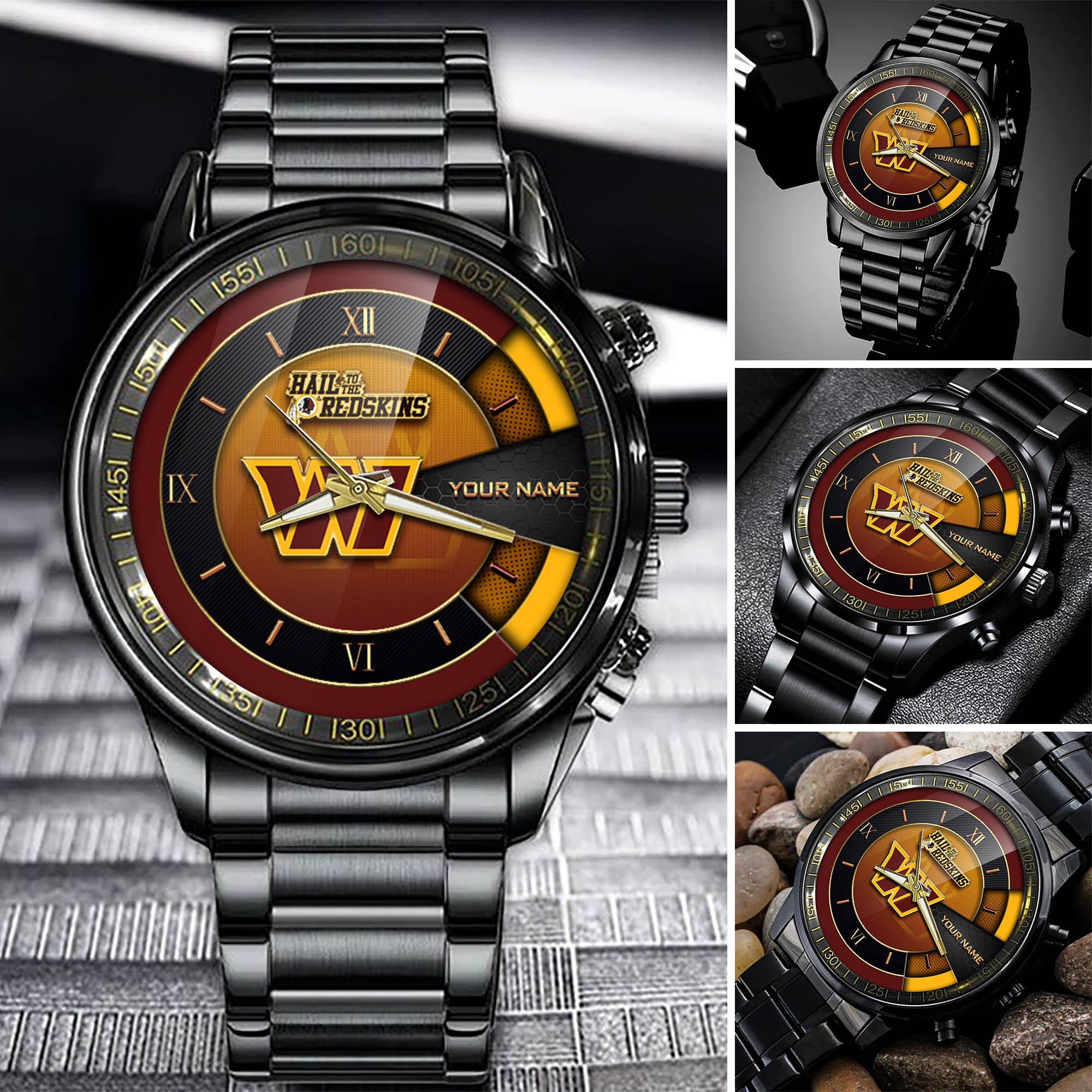 Washington Commanders Team Black Fashion Watch 2025 Version Custom Your Name, Black Fashion Watch For Sport Fan 